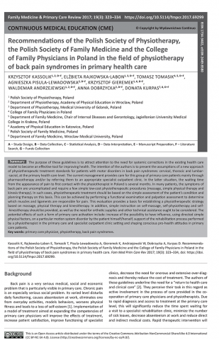 Więcej o: Recommendations of the Polish Society of Physiotherapy, the Polish Society of Family Medicine and the College of Family Physicians in Poland in the field of physiotherapy of back pain syndromes in primary health care